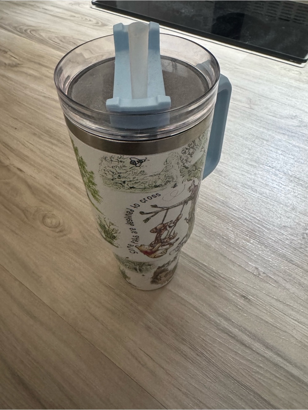 Insulated Winnie the Pooh Print Travel Tumbler with Light Blue Handle and Lid